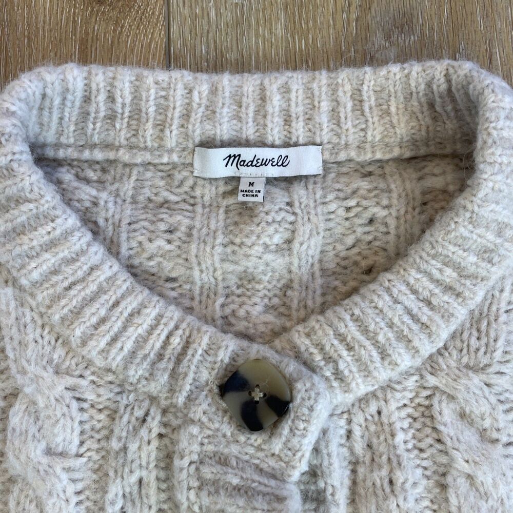 Madewell Pointelle Cable Cardigan Sweater M Oatmeal Wool Blend Oversized Prep - Picture 2 of 8